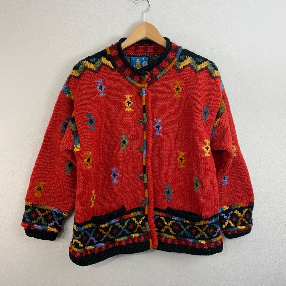 Newari Red‎ 100% Wool Made in Nepal Sweater Cardigan  Colorful Woman's Size S/M